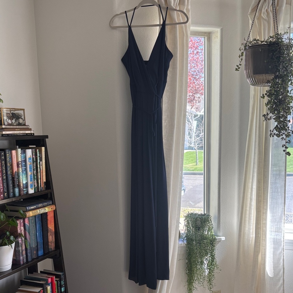 David's Bridal Navy Blue V‑Neck Spaghetti Strap Maxi Dress